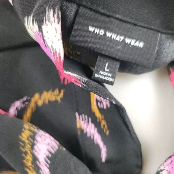 Who What Wear Black Floral High Cuff Tie Neck Button Front Blouse Womens L - Picture 6 of 7